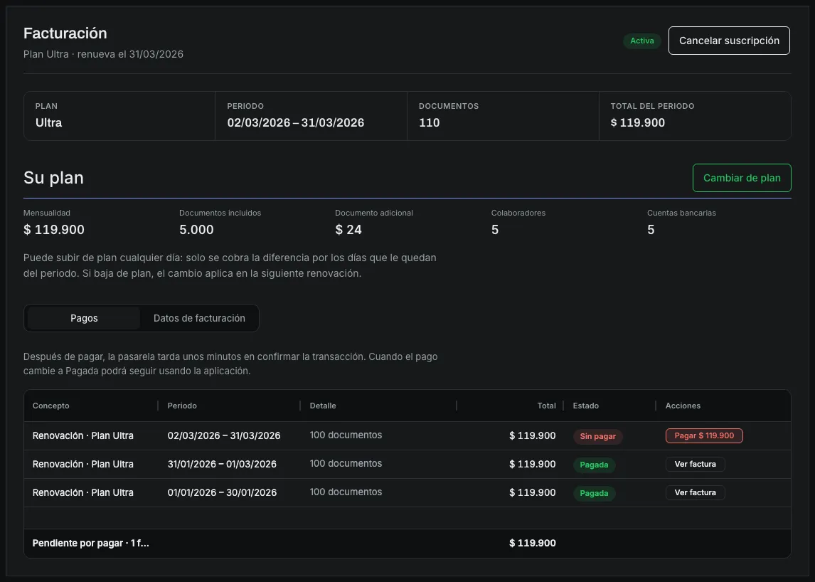 La pantalla de Facturación, con el botón de cancelar suscripción