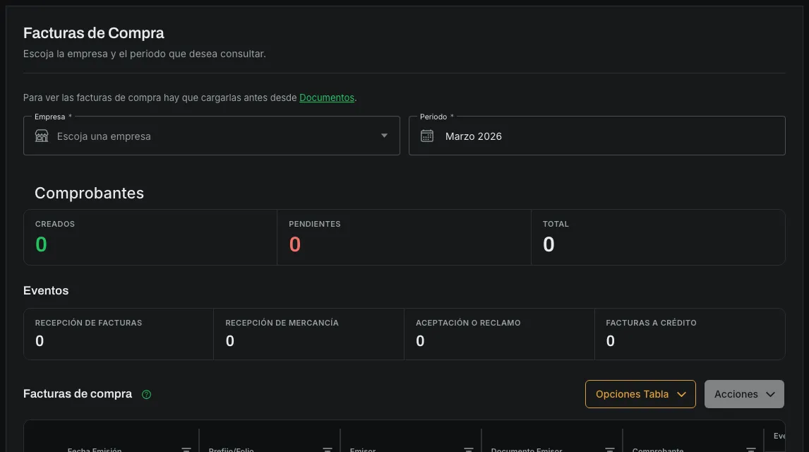 El listado de facturas de compra, desde donde se envían los acuses
