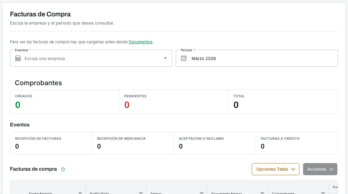 El listado de facturas de compra, desde donde se envían los acuses