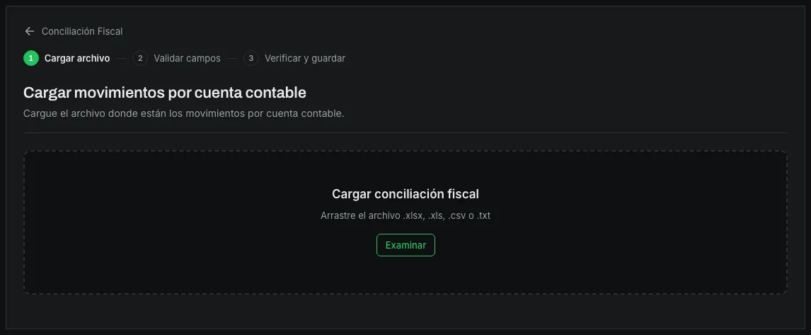 El asistente para cargar el libro contable de la conciliación fiscal