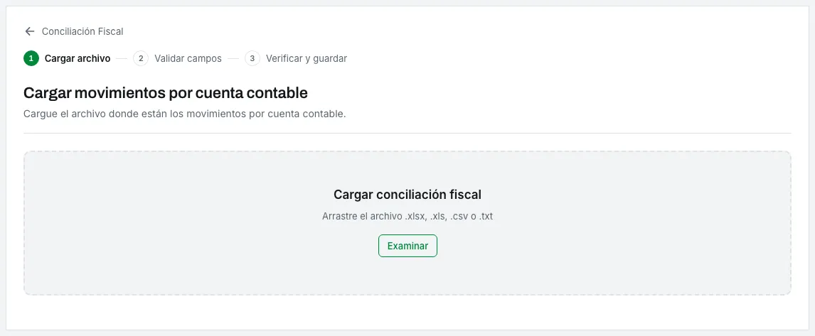 El asistente para cargar el libro contable de la conciliación fiscal