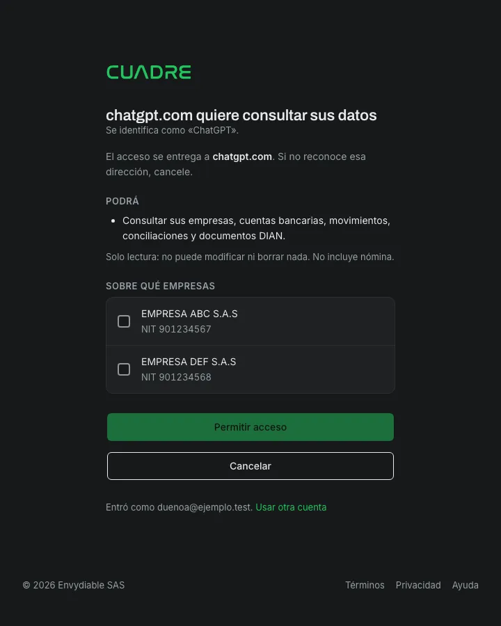 La pantalla de Cuadre donde chatgpt.com pide consultar los datos y se escogen las empresas
