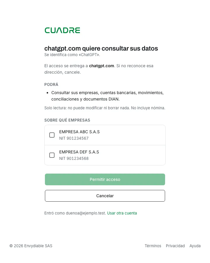 La pantalla de Cuadre donde chatgpt.com pide consultar los datos y se escogen las empresas