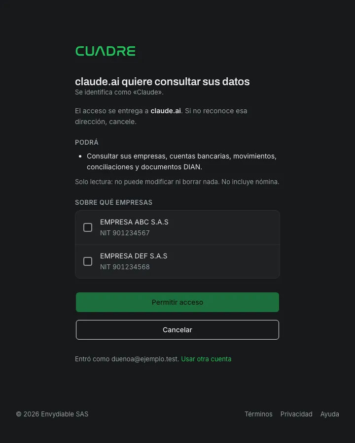 La pantalla de Cuadre donde claude.ai pide consultar los datos y se escogen las empresas