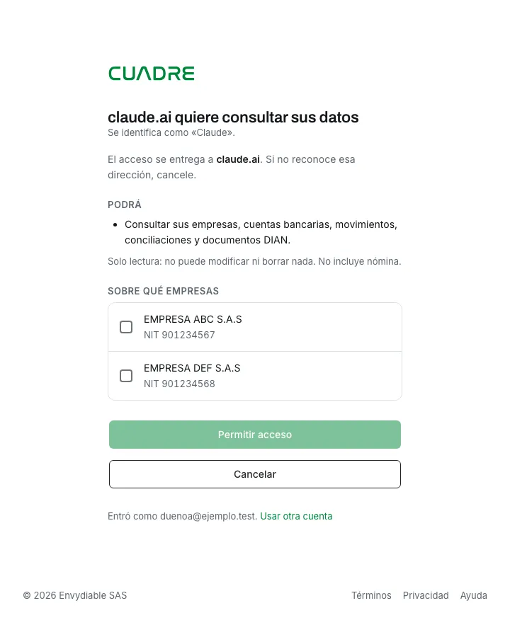 La pantalla de Cuadre donde claude.ai pide consultar los datos y se escogen las empresas