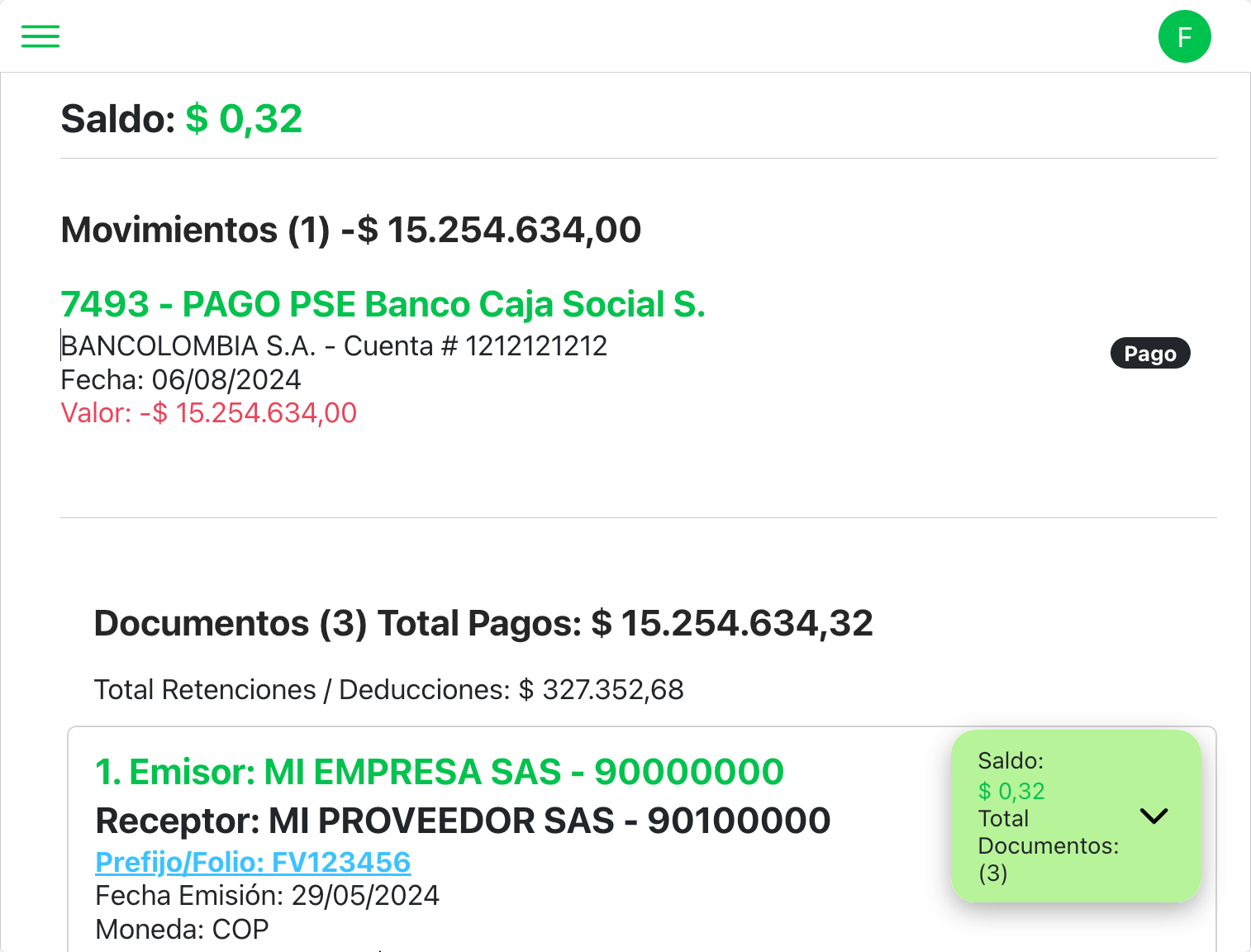 Pantalla de identificación de pagos y consignaciones en Cuadre.io