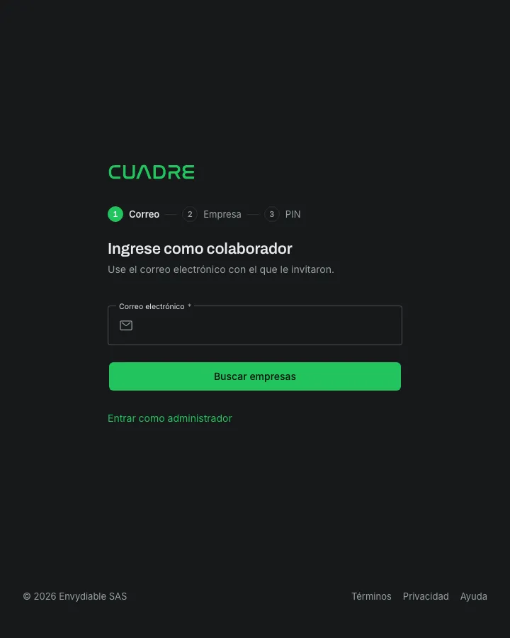 La pantalla de acceso para colaboradores, con los tres pasos: Correo, Empresa y PIN