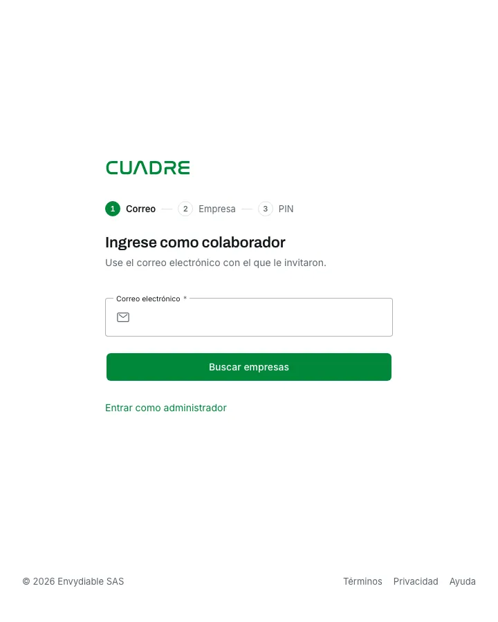 La pantalla de acceso para colaboradores, con los tres pasos: Correo, Empresa y PIN
