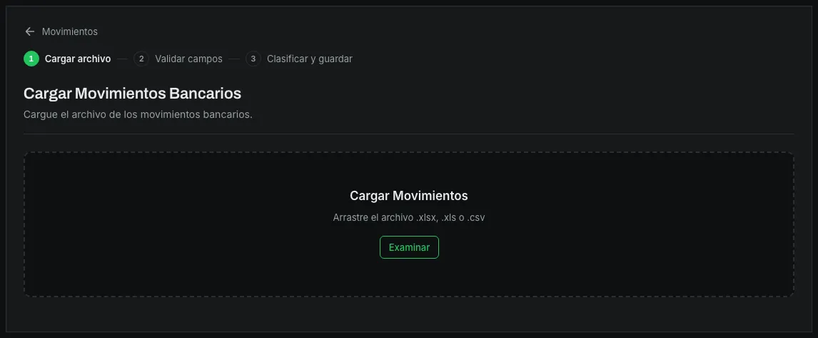 El primer paso del asistente para cargar un extracto bancario