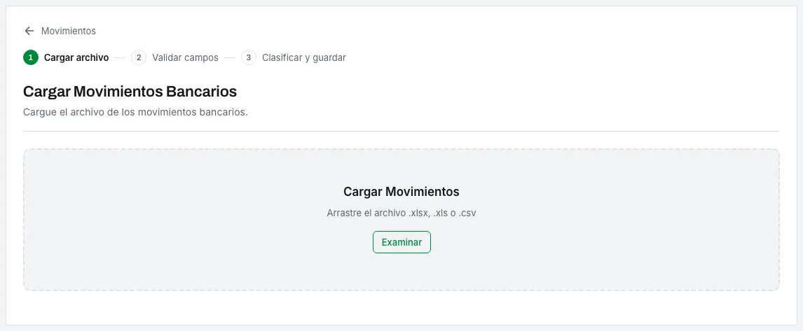 El primer paso del asistente para cargar un extracto bancario