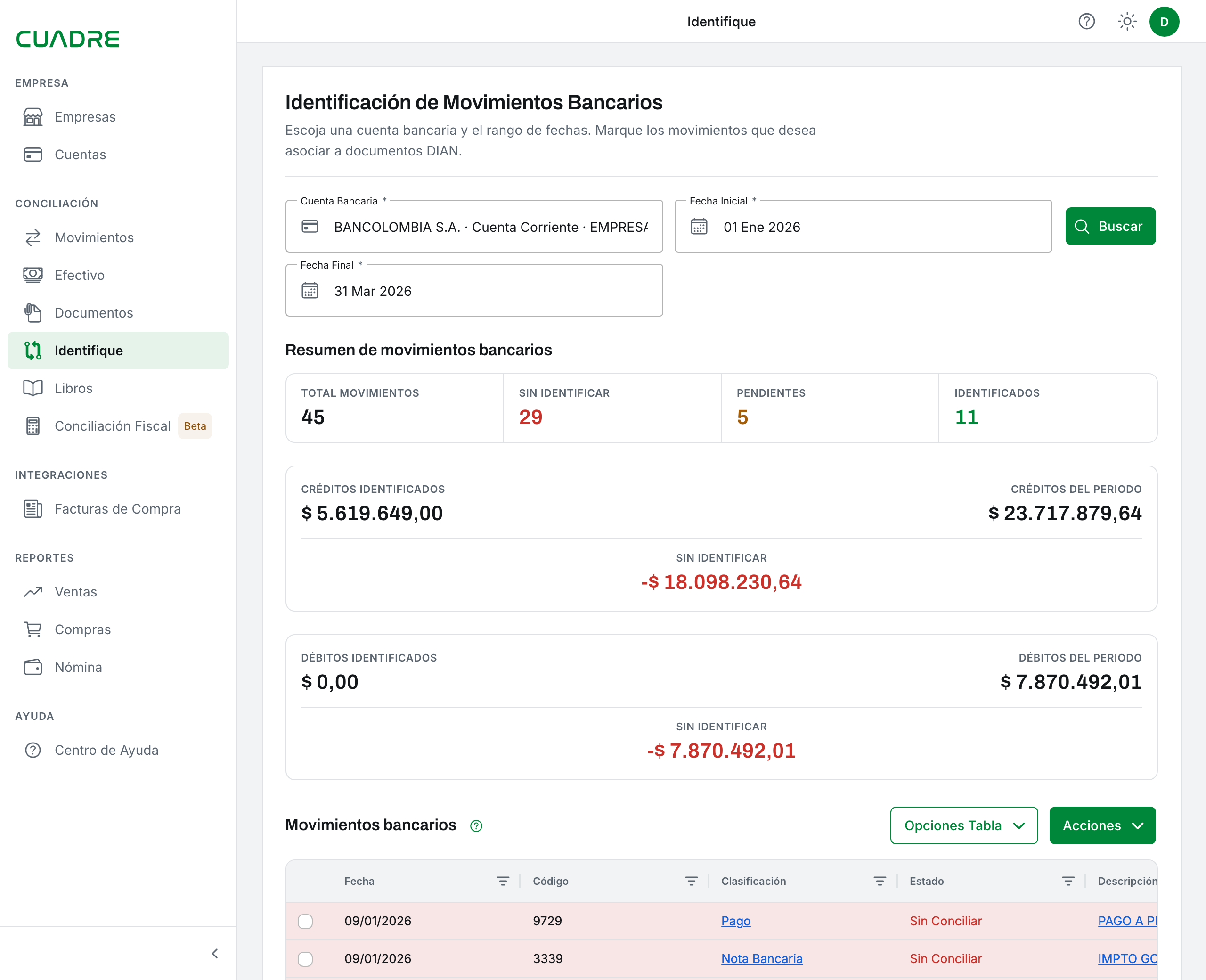 La aplicación Cuadre completa: el menú de módulos a la izquierda y, a la derecha, el resumen de movimientos bancarios de un período con las cifras de total, sin identificar, pendientes e identificados